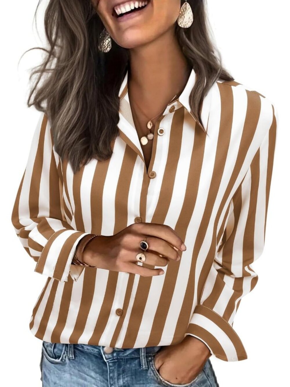 Chic Striped Button Down Long Sleeve Shirt for Women - Perfect Work Dress Top